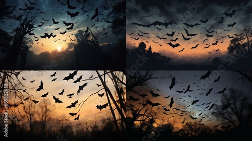 Mysterious bats silhouetted against the twilight sky, their nocturnal flight patterns creating intriguing patterns as they hunt for insects.
