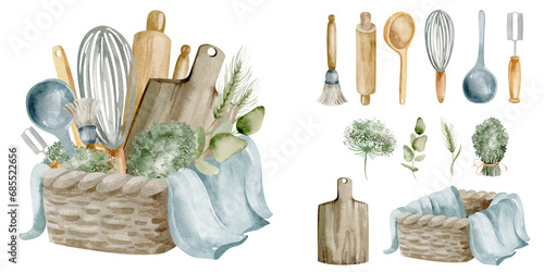 Kitchen tools are individual items on an isolated background. Watercolor illustration of utensil in a basket. A constructor with separate elements for cooking. Packaging and icon design. photo