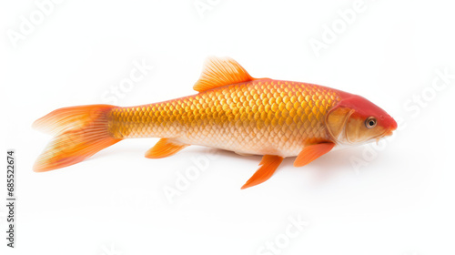 A goldfish with orange fins swims alone in clear water
