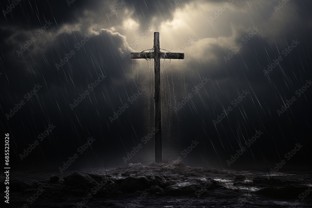 Naklejka premium Cross in the dark with stormy sky