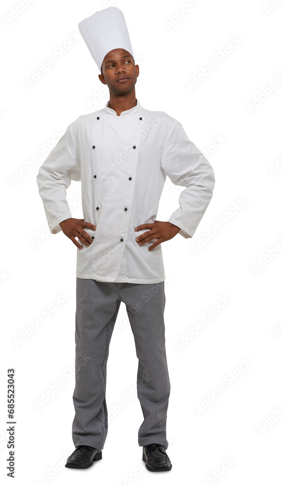 Chef with pride, confidence and professional isolated on transparent png background with smile. Fine dining, hospitality or catering with black man, cook or baker with excellence in restaurant career
