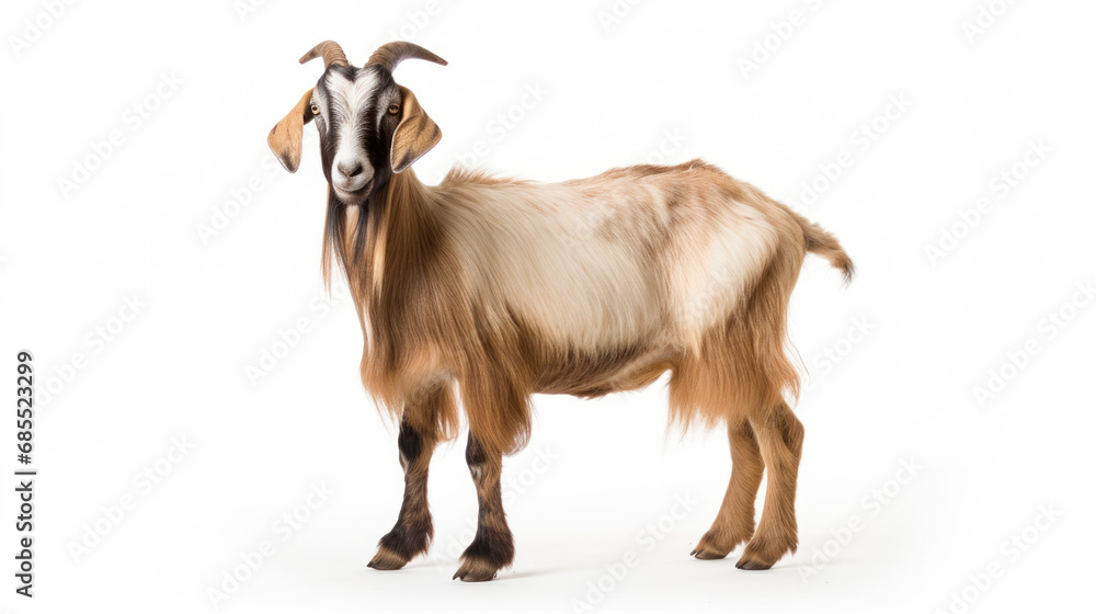 A cute white and brown goat with horns standing in a green meadow on a sunny summer day A cute white and brown goat with horns standing in a green meadow on a sunny summer day