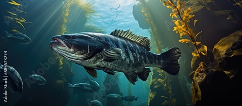 Underwater fish close-up: giant sea bass in kelp forest.