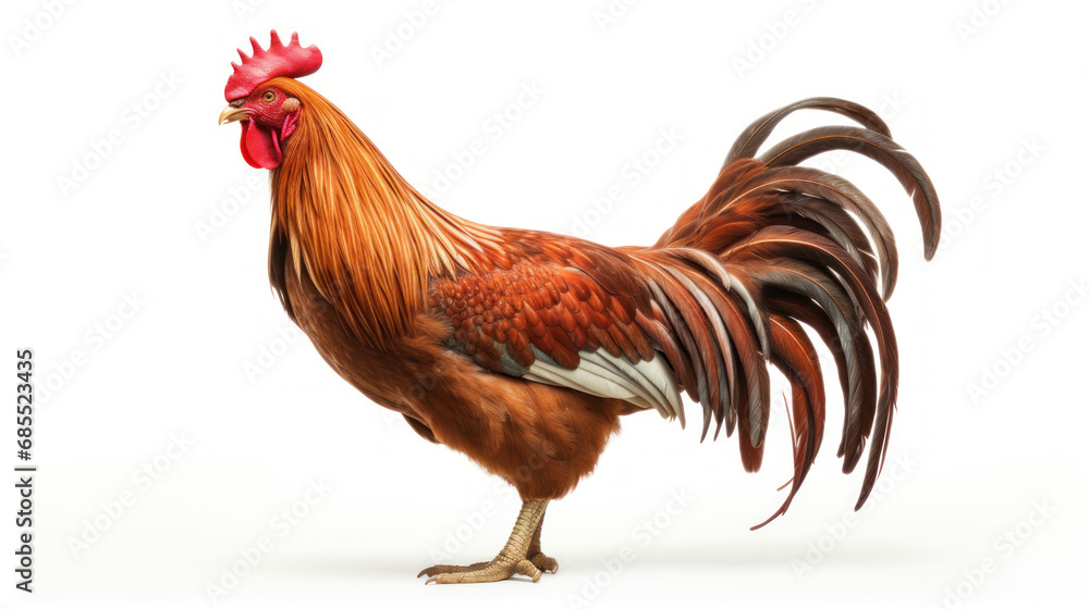 Fototapeta premium A colorful rooster with a bright red comb stands out against a plain white background