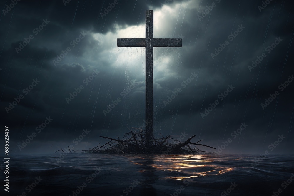 Naklejka premium Cross in the dark with stormy sky
