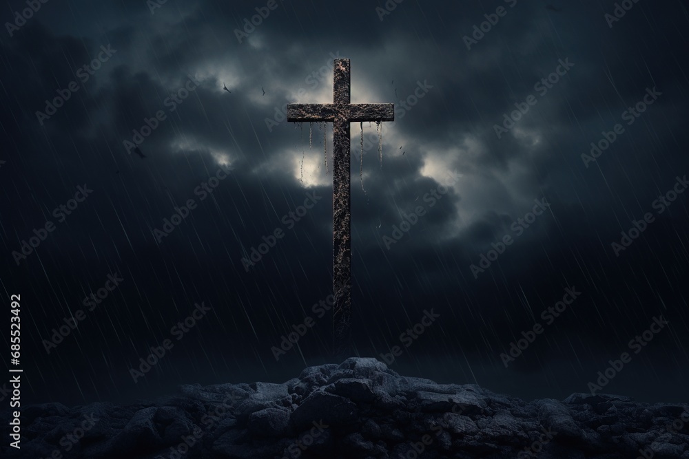 Naklejka premium Cross in the dark with stormy sky