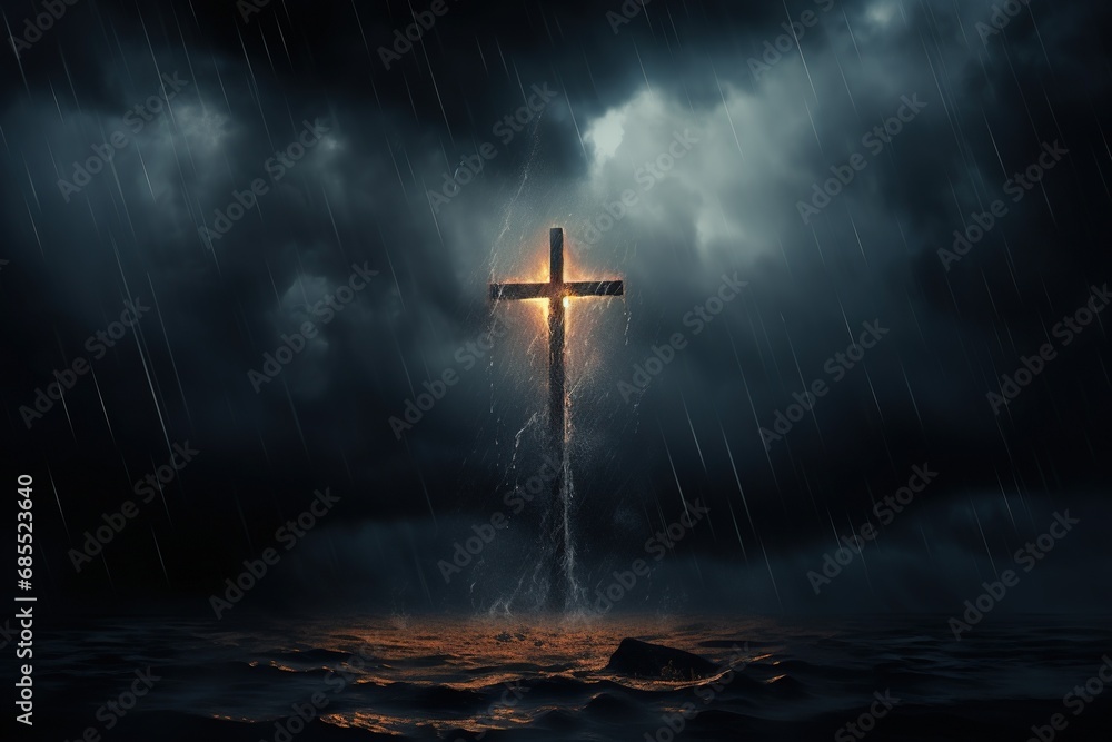Naklejka premium Cross in the dark with stormy sky