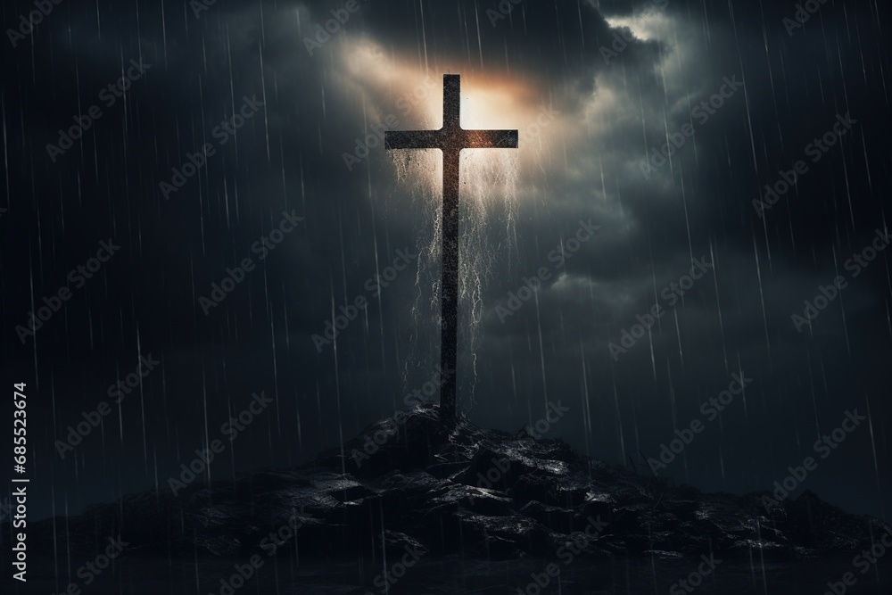 Naklejka premium Cross in the dark with stormy sky