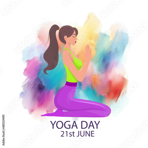 International Yoga Day. 21 June yoga day banner or poster with woman in pose.