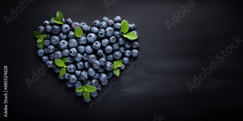 Wallpaper Mural Heart-shaped arrangement of fresh blueberries on dark background. Mint leafs. Copy space, banner. Aerial view, flat layout. Healthy vegetarian lifestyle, vitamin organic food Torontodigital.ca
