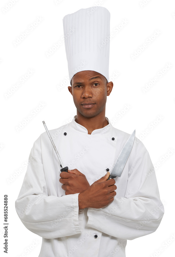Man, cook and confident with arms crossed, knife and challenge with utensils in portrait. Black man, professional chef and competitive look on face for skill on isolated or transparent png background Man, cook and confident with arms crossed, knife and challenge with utensils in portrait. Black man, professional chef and competitive look on face for skill on isolated or transparent png background