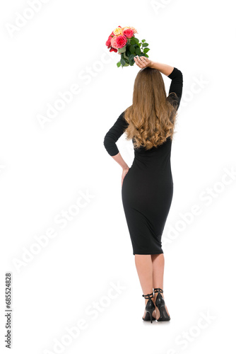 Rear view portrait of pretty stylish woman in black elegant dress posing with bouquet on white background, a chic woman in a sophisticated black dress, seen from behind.
