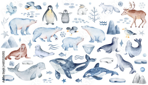 Northern animals on an isolated background. Watercolor wildlife set. Polar bears and penguins with an underwater whale. Hand-drawn elements for stickers and baby prints. © Elena