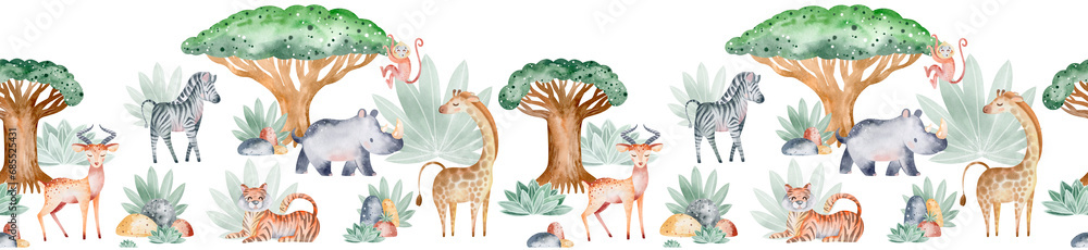 African animals on isolated background. Watercolor seamless savannah wildlife border. Kids edging . design for cards and wall decor.. - obrazy, fototapety, plakaty 