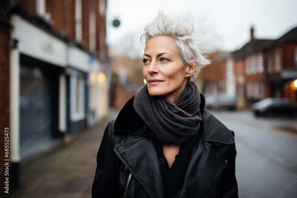 Portrait of a beautiful middle aged woman with short white hair wearing a black coat and scarf standing in the street