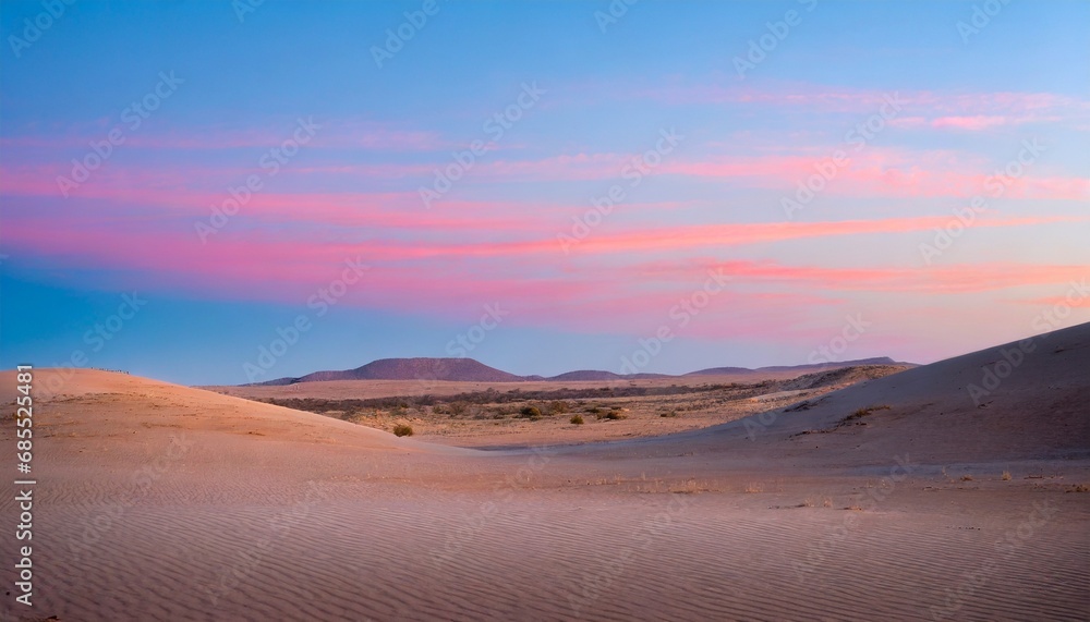 Sunrise Expedition: Minimalist Desert Landscape in Pink and Blue Sky, Evoking Travel and Adventure. Generative AI