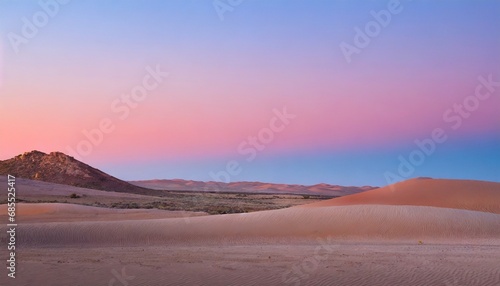 Sunrise Expedition: Minimalist Desert Landscape in Pink and Blue Sky, Evoking Travel and Adventure. Generative AI