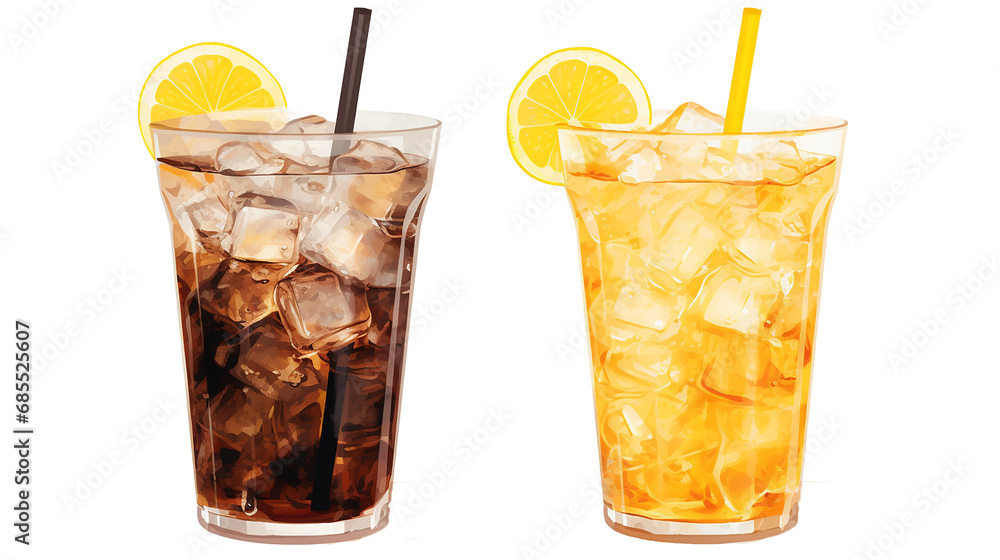 Summer lemonade and iced coffee on a transparent background.  - obrazy, fototapety, plakaty 