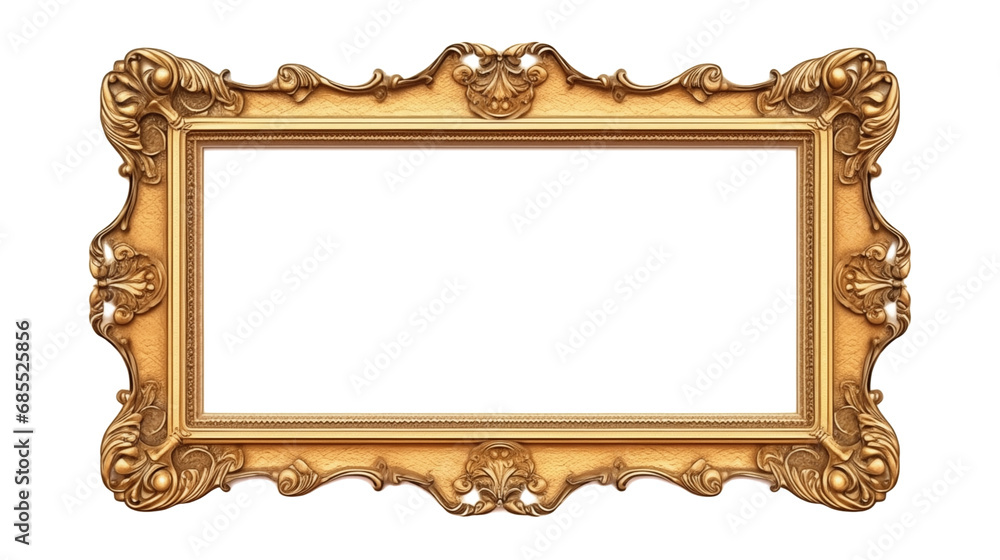 Antique carved gilded frame isolated on white background. Vintage golden rectangle frame for photo. Antique carved gilded frame isolated on white background. Vintage golden rectangle frame for photo.