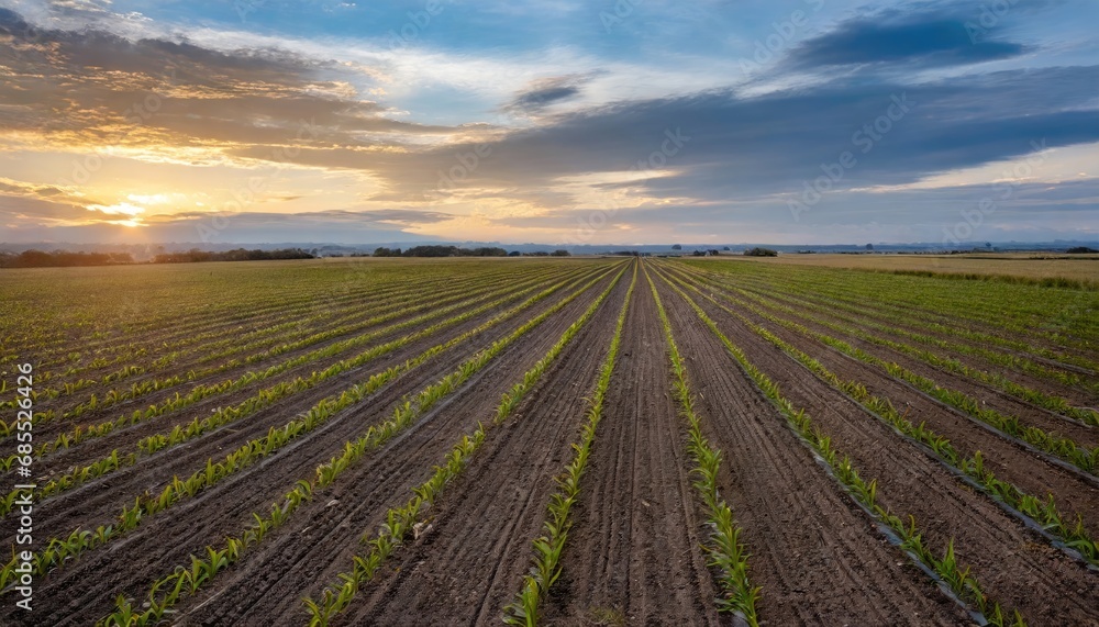 Agriculture shot rows of young corn plants growing on a vast field 