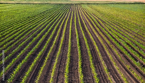 Agriculture shot rows of young corn plants growing on a vast field 