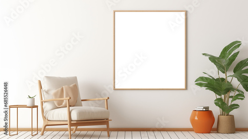 Minimal modern home design with warm furniture colors, poster frame mockup on bright interior background