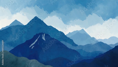Blue mountain background. landscape background design with watercolor brush texture. Wallpaper design, Wall art for home decor and prints