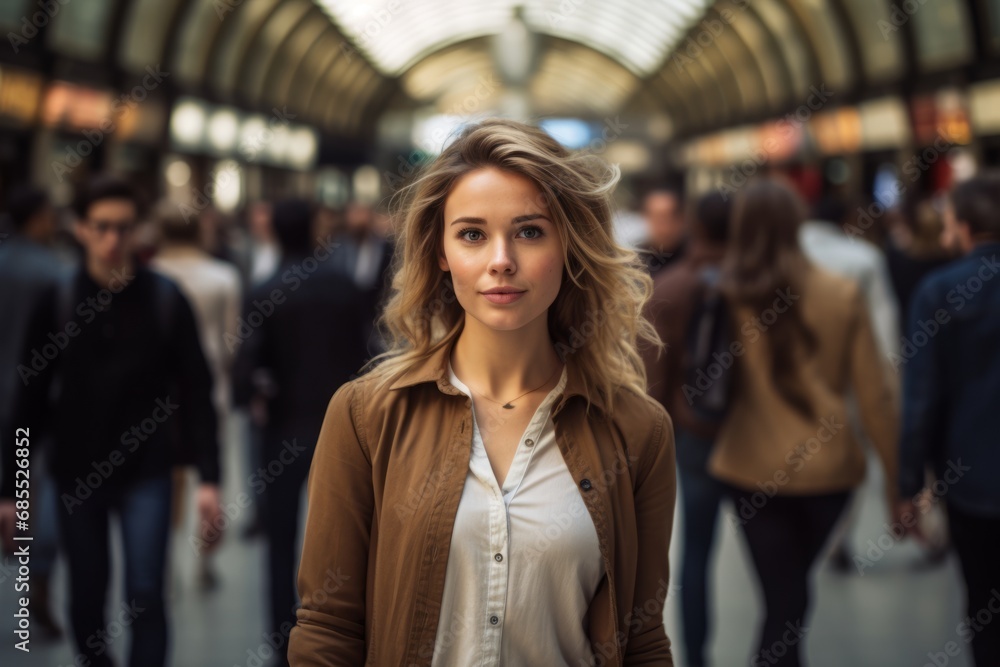 Portrait of a young businesswoman in a train station. Blurred background. Portrait of a young businesswoman in a train station. Blurred background.