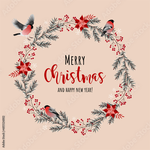Christmas wreath with bullfinches, spruce branches, christmas flowers and red berries. Vector illustration.
