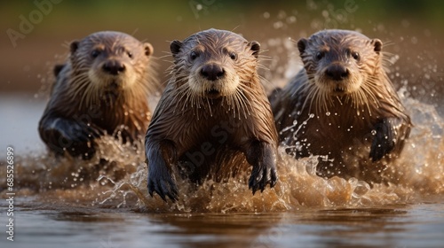 Playful river otters sliding down muddy riverbanks, their sleek bodies leaving trails in the mud as they enjoy their aquatic adventures. © Nature Lover