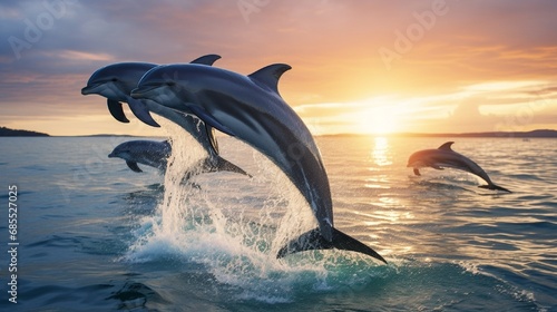 Pod of playful dolphins leaping out of the crystal-clear waters  their sleek bodies glistening in the sunlight.