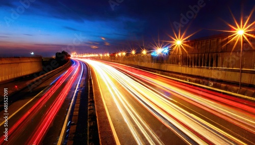 Car motion trails. Speed light streaks background with blurred fast moving light effect