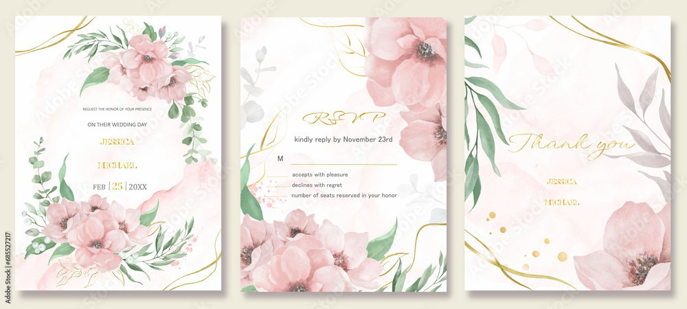 Watercolor floral background, template layout design for weddidding invite card. Hand drawn illustration.