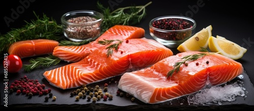 Raw pieces of salmon, including fillets and portions.