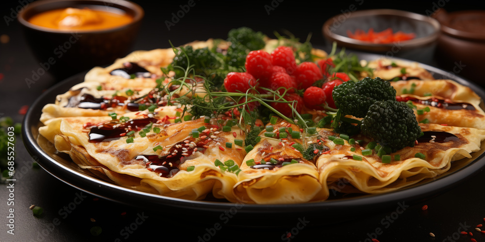 Pfannkuchen lecker in Japanischen Stil mit Früchten angerichtet Querformat für Banner, ai generativ Pfannkuchen lecker in Japanischen Stil mit Früchten angerichtet Querformat für Banner, ai generativ