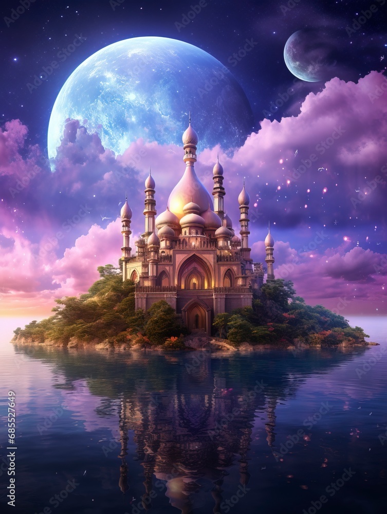 Magical mosque and surreal art image with a magnificent summer sky as a background, generative ai Magical mosque and surreal art image with a magnificent summer sky as a background, generative ai