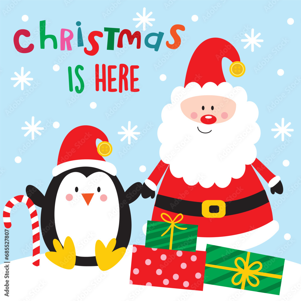 Cute Santa Claus and Penguin with Christmas Gifts Cute Santa Claus and Penguin with Christmas Gifts