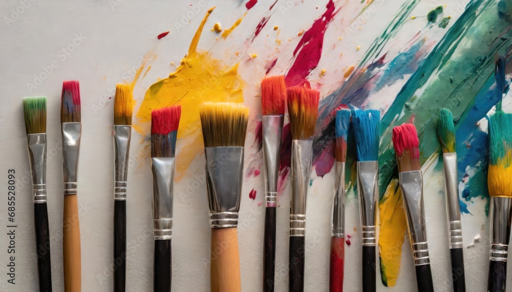 Colorful paint brush splashes on canvas. Row of artist paintbrushes closeup on artistic canvas Colorful paint brush splashes on canvas. Row of artist paintbrushes closeup on artistic canvas