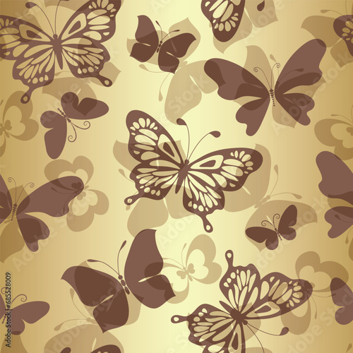 Vector seamless golden pattern with silhouettes of flying colorful butterflies of various shapes