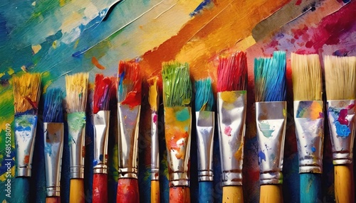 Colorful paint brush splashes on canvas. Row of artist paintbrushes closeup on artistic canvas