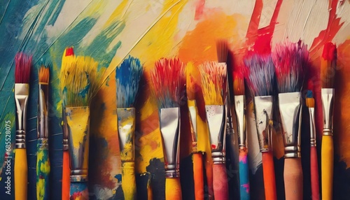 Colorful paint brush splashes on canvas. Row of artist paintbrushes closeup on artistic canvas photo