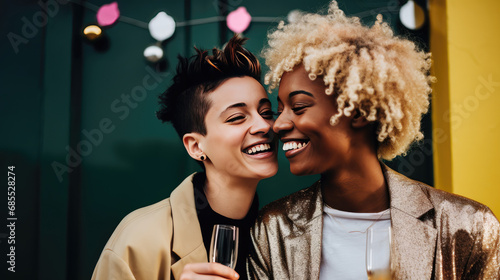 Non-binary individual celebrating love with partner
