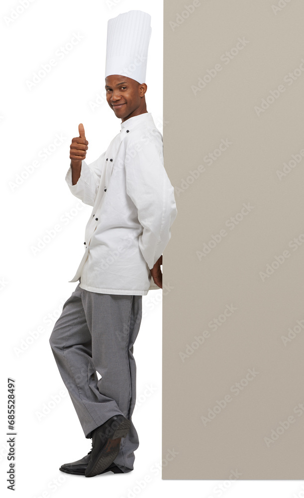 Portrait, thumbs up and a black man chef with mockup isolated on a transparent background for marketing. Thank you, smile and space with a happy young person in uniform on PNG for advertising Portrait, thumbs up and a black man chef with mockup isolated on a transparent background for marketing. Thank you, smile and space with a happy young person in uniform on PNG for advertising