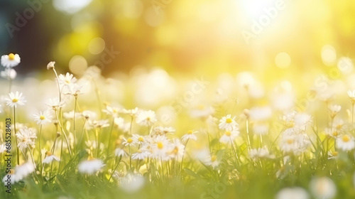 Spring background with blurred blooming daisies on meadow