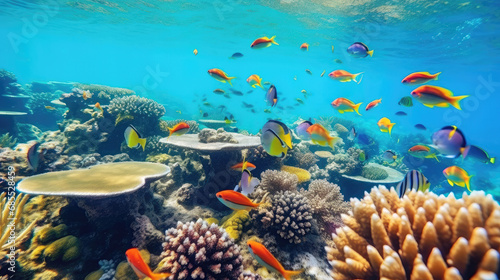 Vivid coral reef teeming with tropical fish in crystal clear blue water