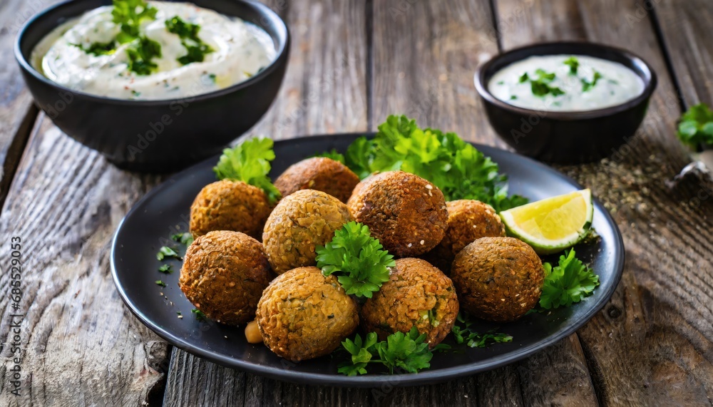 Fresh falafel with parsley and tzatziki sauce in black plate on wooden table