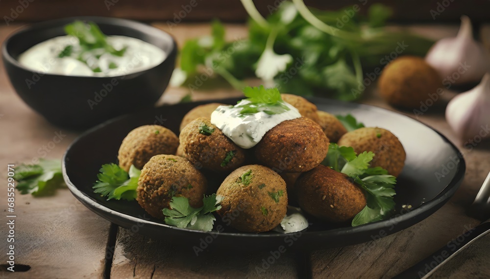 Fresh falafel with parsley and tzatziki sauce in black plate on wooden table Fresh falafel with parsley and tzatziki sauce in black plate on wooden table