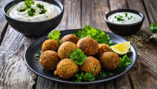Fresh falafel with parsley and tzatziki sauce in black plate on wooden table