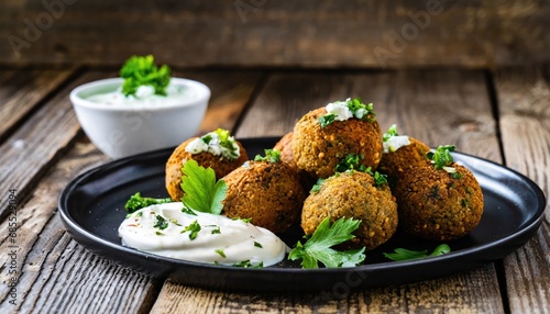 Fresh falafel with parsley and tzatziki sauce in black plate on wooden table photo