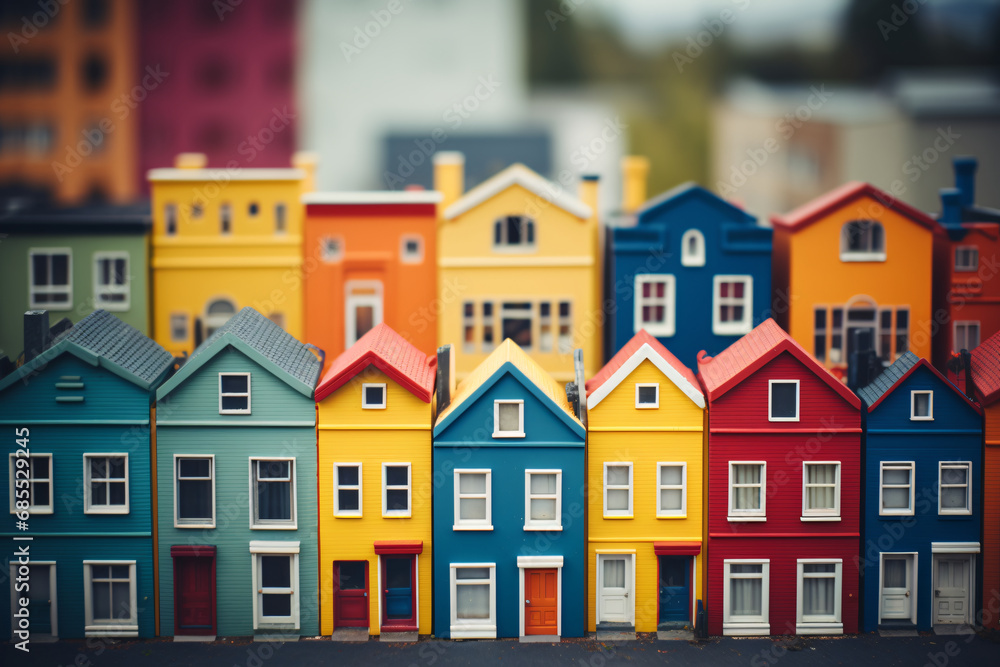 A Tilt-lens photo of beautiful model houses arrange in a row, in classic architectural English Style, with vibrant and saturated colors to add a touch of urban fantasy.